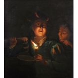 George Lund (19th Century) British. Two Young Boys by Candle Light, Oil on Canvas, Inscribed '