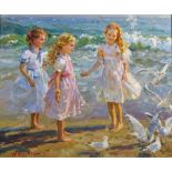 Yuri Krotov (1964- ) Russian. "Joy of Life", with Three Girls on a Beach, with Seagulls, Oil on
