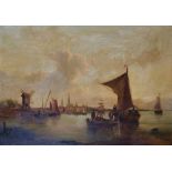 19th Century Dutch School. An Estuary Scene, with Figures in Boats, Oil on Canvas, 24" x 36".