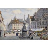 James William Milliken (act.1887-1930) British. 'The Market Place, Noyon Nr Reims, France',