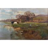 Henry Charles Fox (1855-1929) British. A River Landscape with Horses, and Ducks in the foreground,