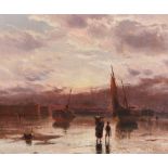 William James Durant Ready (1823-1873) British. A Beach Scene at Dusk, with Beached Boats and