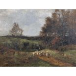 John Aborn (19th - 20th Century) British. "A Grey Morning", with Shepherd and Flock on a Path, Oil