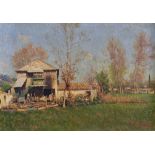 20th Century European School. A Landscape, with Farm Buildings, Oil on Canvas, Indistinctly