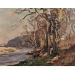 Owen Bowen (1873-1967) British. A Yorkshire River Landscape, with Trees in the foreground, Oil on