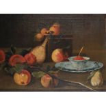 18th Century Italian School. Still Life of Fruit, Flask and Chinese Dishes on a Ledge, Oil on