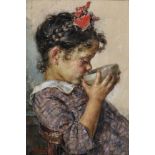 Luigi Amato (1898-1961) Italian. "Child with a Cup", Mixed Media, Signed, and Inscribed on labels on