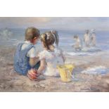 20th Century European School. A Beach Scene, with Two Young Children, Oil on Canvas, Indistinctly