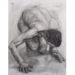 Sahoko Kasuga Blake (1969- ) Japanese. A Crouching Nude, Charcoal, Signed in Japanese, with Red Seal