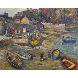 Robert C... D... Lowry (1942-2011) British. "Conway Harbour", with Figures and Boats on the Shore,
