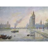 Bert Pugh (1904-2001) British. "The Houses of Parliament, Evening", Oil on Artist's Board, Signed,
