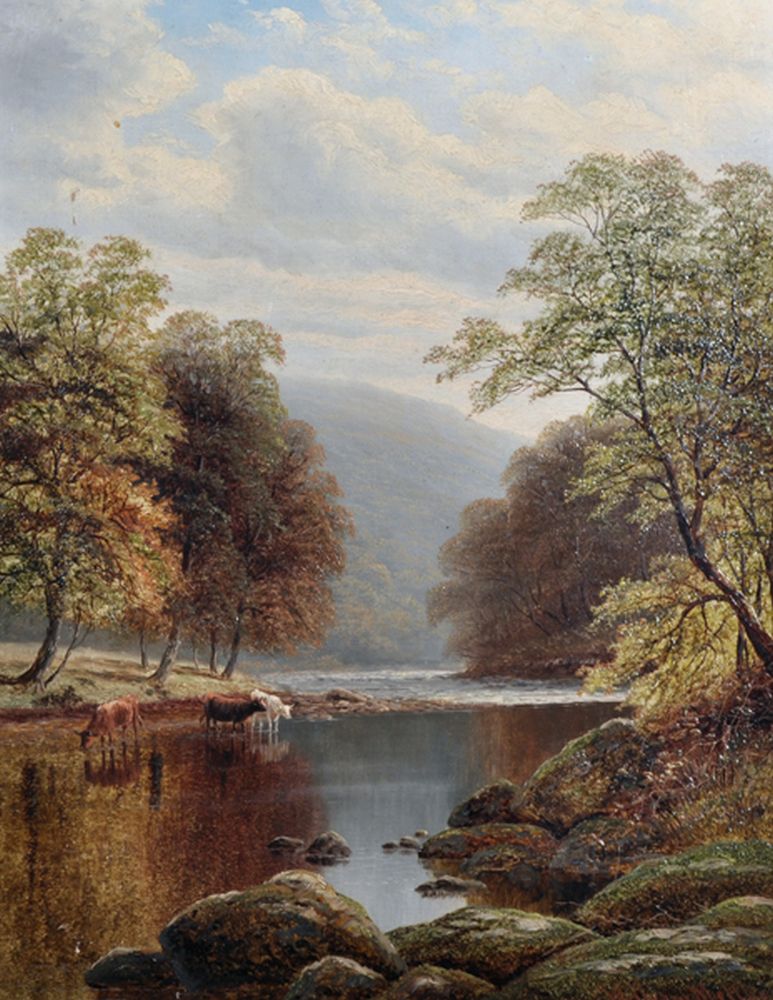 William Mellor (1851-1931) British. "On The Wharfe, Bolton Woods, Yorkshire", with Cattle