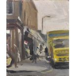 Howard Morgan (1949- ) British. A Street Scene (SW8), with a Yellow Lorry, Oil on Board, with