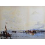 Frank Wasley (1848-1934) British. Boats with Figures in a Lagoon, Watercolour, Signed, 10.75" x 14.