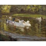 Patrick Downie (1854-1945) British. "A Duck Stream", Oil on Canvas, Signed, and Signed and Inscribed