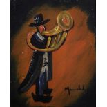 20th Century Spanish School. A Trumpeter, Oil on Board, Indistinctly Signed, 10" x 8".