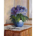 Mary Remington (1910-2004) British. "Study in Blue", a Still Life of Flowers, Oil on Board,