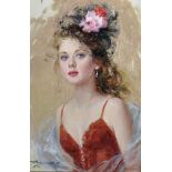 Konstantin Razumov (1974- ) Russian. "Evgenia in a Floral Hat", Oil on Canvas, Signed, and Inscribed