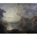 Attributed to Sebastian Pether (1790-1844) British. A Moonlit River Landscape, with Figures in the