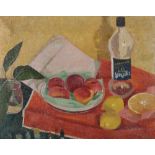 Early 20th Century French School. Still Life of Fruit on a Table, with a Bottle, Oil on Canvas,