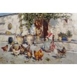 Giuseppe Giardiello (1887-1920) Italian. 'Feeding the Chickens', Oil on Canvas, Signed, 16" x 23.
