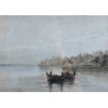 19th Century Canadian School. A Moonlit River Landscape, with Indian Figures in a Boat, Watercolour,