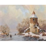 Arthur Lokie (1948- ) British. A Dutch Winter Landscape, with Figures Skating, Oil on Panel, Signed,