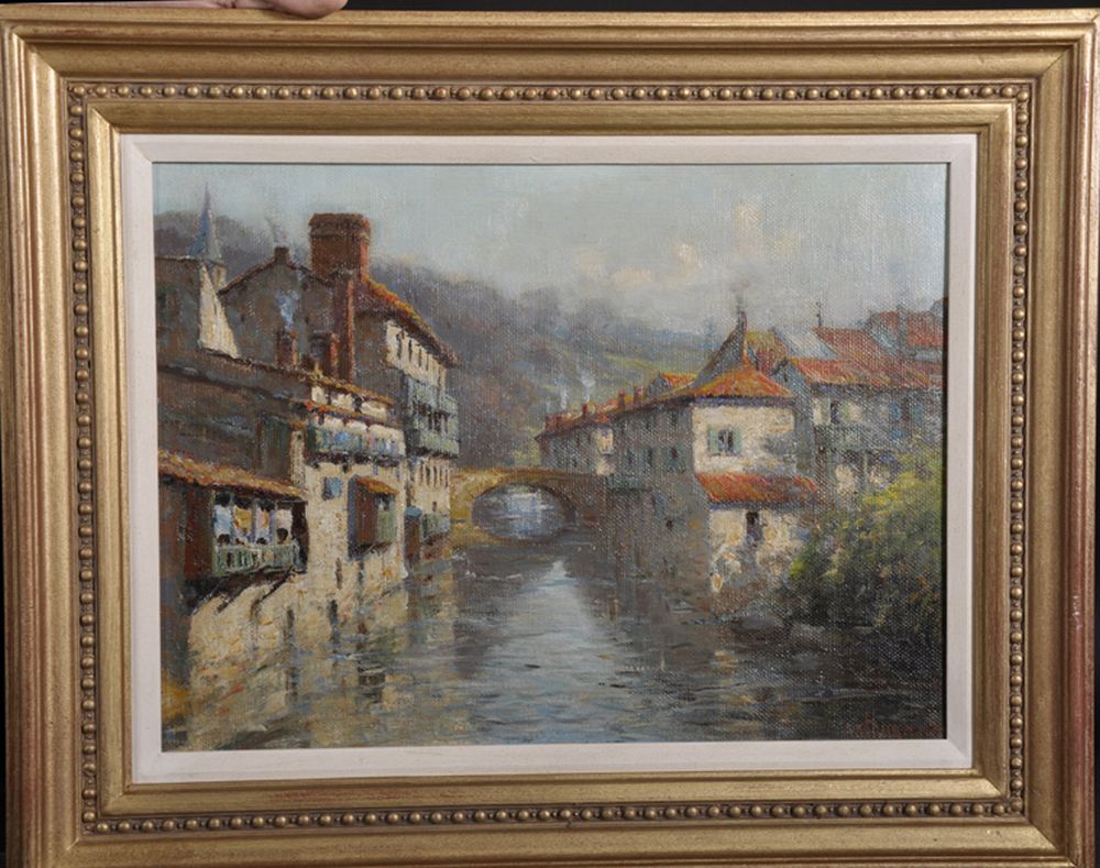 Arthur Meade (1863-1942) British. "St Jean Pied de Port, Basque", a Canal Scene, Oil on Canvas, - Image 2 of 4