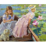 Yuri Krotov (1964- ) Russian. "The Lotuses", Two Young Girls with a Dog in a Boat, Oil on Canvas,