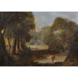 Early 19th Century English School. A Wooded Landscape, with a Figure and Cattle, Oil on Canvas, 12.