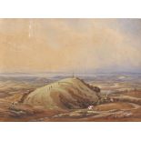 19th Century English School. An Extensive River Landscape, with Figures by a Hilltop Monument,