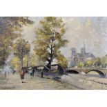 A... Renault (20th Century) French. 'Notre Dame, Paris', with Figures on the Street, Oil on