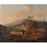 Late 18th - Early 19th Century English School. Two Figures on Horseback with Cattle, a Town with a