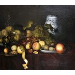 19th Century Continental School. Still Life of Fruit, Glass and a China Pot, on a Table with a Red