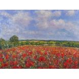 Michael James Strang (1942- ) British. "Poppy Field, Towards Godolphin Hill, from Whitecross, Nr