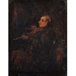 19th Century English School. A Man Seated Playing a Violin, Oil on Board, Unframed, 5.5" x 4.24".