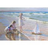 Alexander Averin (1952- ) Russian. "The Sandcastle", Young Girls on a Beach, with a Toy Yacht, Oil