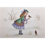 Ella Bruce (20th - 21st Century) British. A Young Girl in a Winter Landscape, with a Robin Red