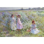 Alexander Averin (1952- ) Russian. "Walking through the Field", Young Girls with a Puppy, Oil on