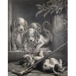 Samuel John Carter (1835-1892) British. Puppies Playing with a Riding Crop, Engraving, Signed in