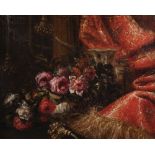 18th Century Italian School. Still Life of Flowers in a China Vase, with a Gilded Curtain and