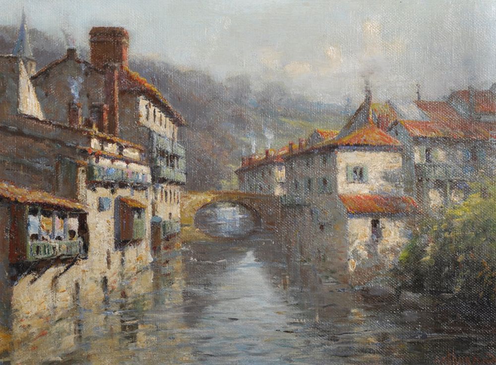 Arthur Meade (1863-1942) British. "St Jean Pied de Port, Basque", a Canal Scene, Oil on Canvas,