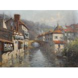 Arthur Meade (1863-1942) British. "St Jean Pied de Port, Basque", a Canal Scene, Oil on Canvas,