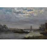 19th Century English School. A Moonlit Ferry Crossing, Oil on Panel, Indistinctly Signed, 8.5" x