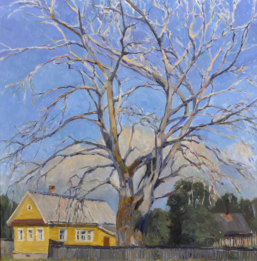 20th Century Russian School. A Landscape with a Large Tree, and a Yellow Cottage, Oil on Canvas,