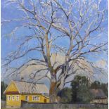 20th Century Russian School. A Landscape with a Large Tree, and a Yellow Cottage, Oil on Canvas,