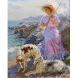 Yuri Krotov (1964- ) Russian. "Golden Light", an Elegant Lady with Dogs in a Coastal Landscape,
