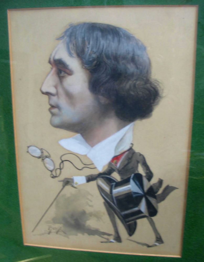 [HENRY IRVING] a fine watercolour & gouache caricature of Irving, signed 'Bax', 14 x 10 ins, f. &