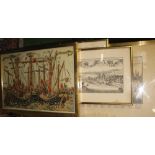 A hand col'd reproduction panoramic print of 17th c. Venice, 15.5 x 39 ins, f. & g.; & 3 other