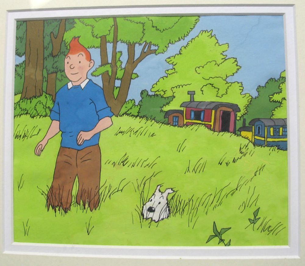 Attributed to Studio Herge, 20th century, Tintin and Snowy, pen, black ink and gouache, original